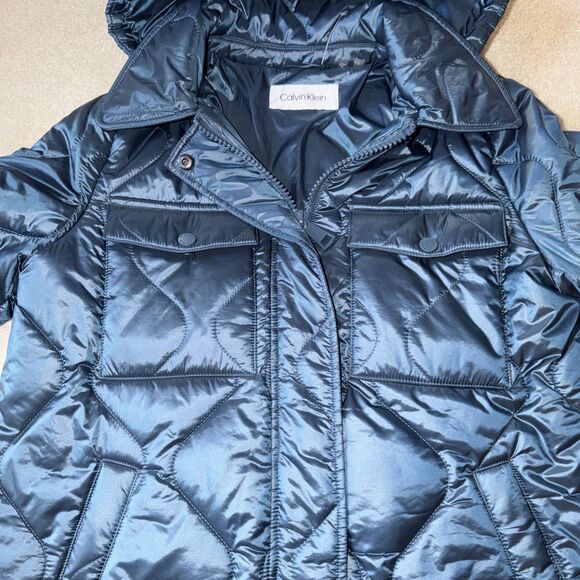 Calvin Klein Puffer Women’s Small Quilted Hooded Coat Blue Full Zip Mid Length - Picture 4 of 10